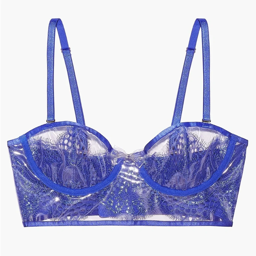 (XS) Savage x Fenty Lace & Vinyl Bustier Bra Extra Small Clear Metallic Blue - Picture 12 of 14